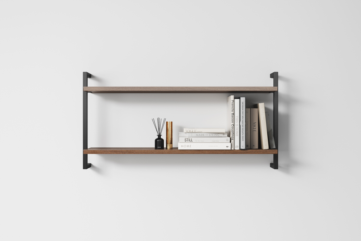 Modern-Minimalist-Wooden-Shelf-Made-of-Walnut.jpg Divi sienas plaukti ar kronšteiniem / rieksts - Image 1
