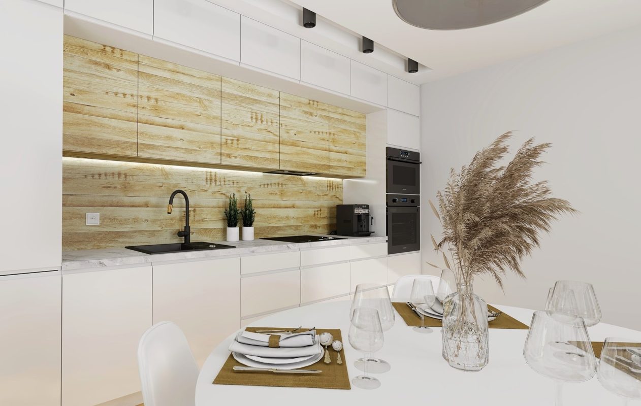 Virtuves skapīši ar baltas krāsas akrila plātnēm