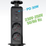 Kontaktligzda Torre, 1*USB A + 2*USB C, 30 W+ 2*kontaktligzda, Melna